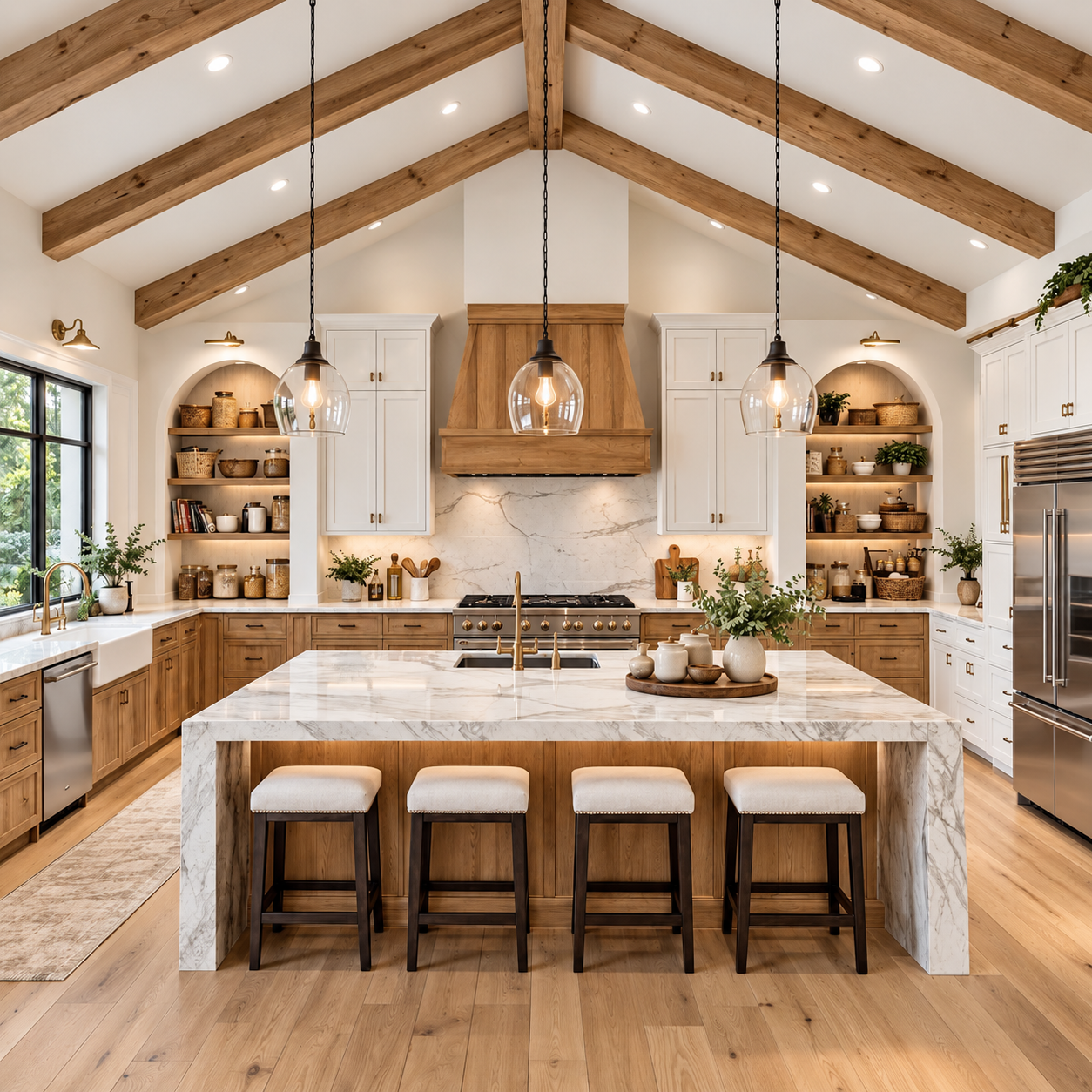 Vaulted kitchen with exposed timber beams, warm cabinetry, arched shelving, and a marble island